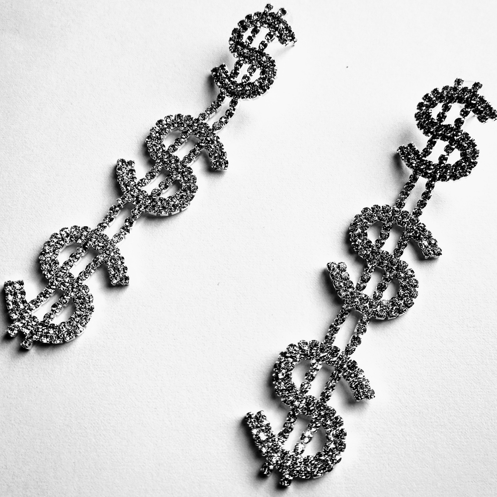 4" Silver Stud Rhinestone $$$ Sign Dangle Earrings - Picture 2 of 5